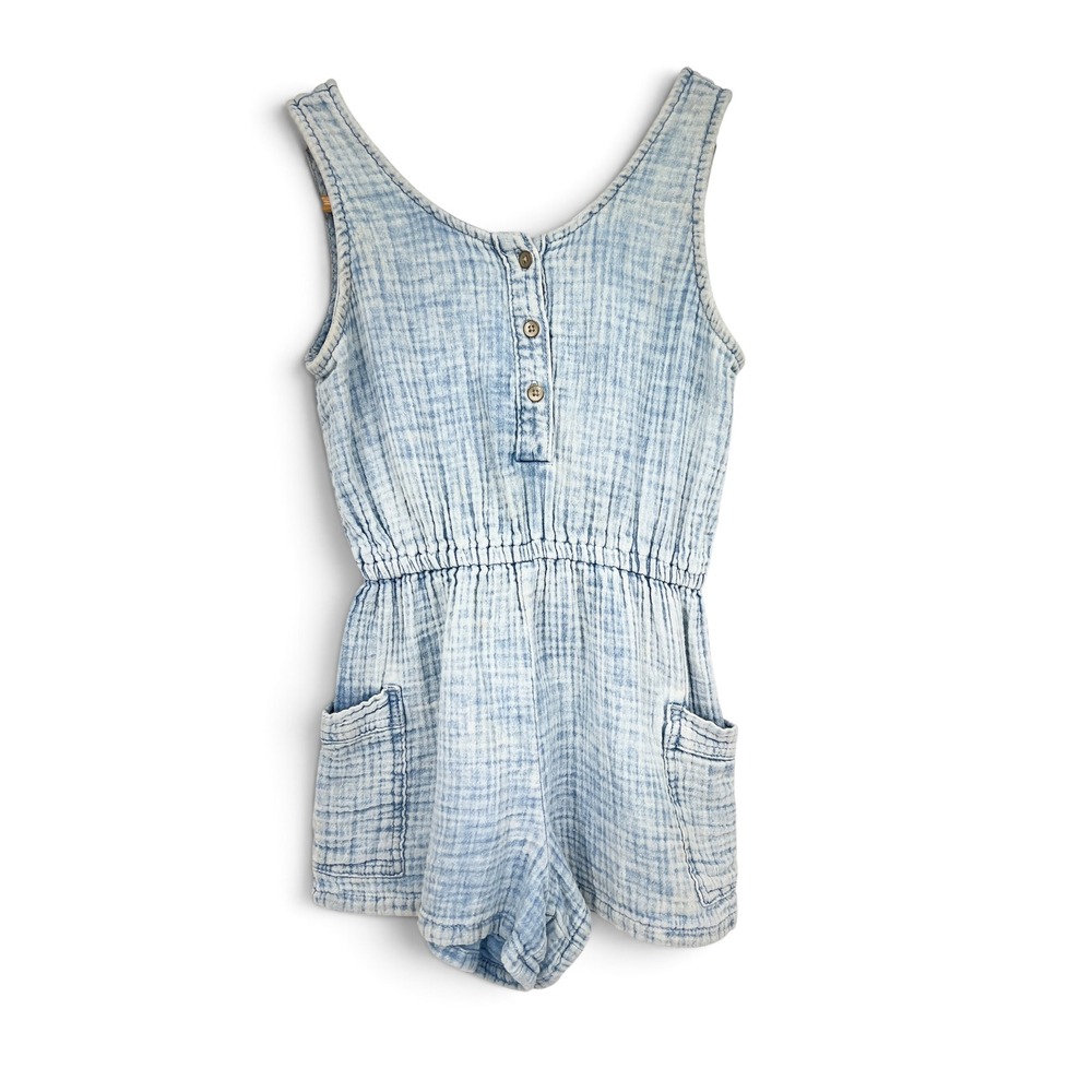 Gap Girls Blue Acid Wash Gauze Romper Size 4-5 Henley Sleeveless Summer Playsuit